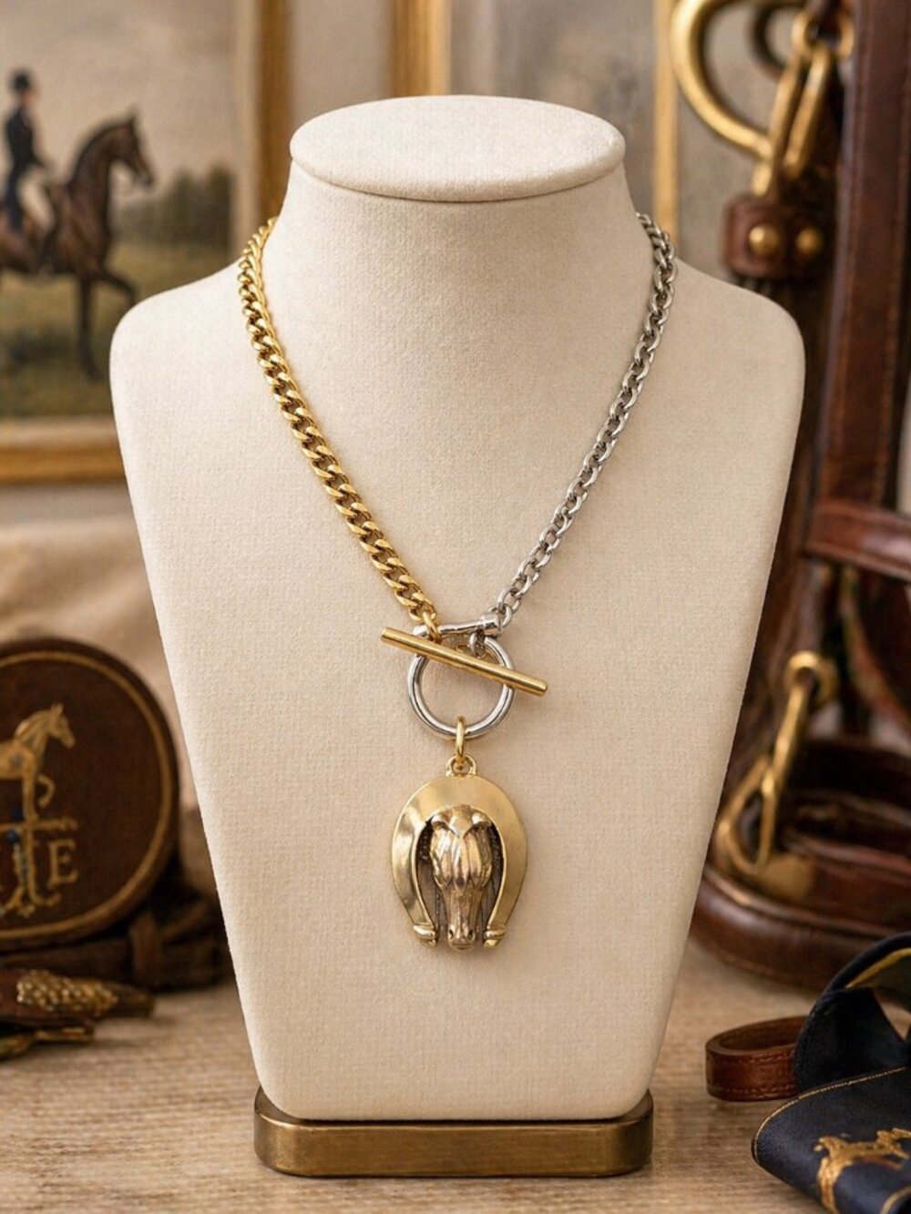 Two-Tone Horseshoe Horse Head Necklace | Gold Silver Chain Toggle Necklace Yochi